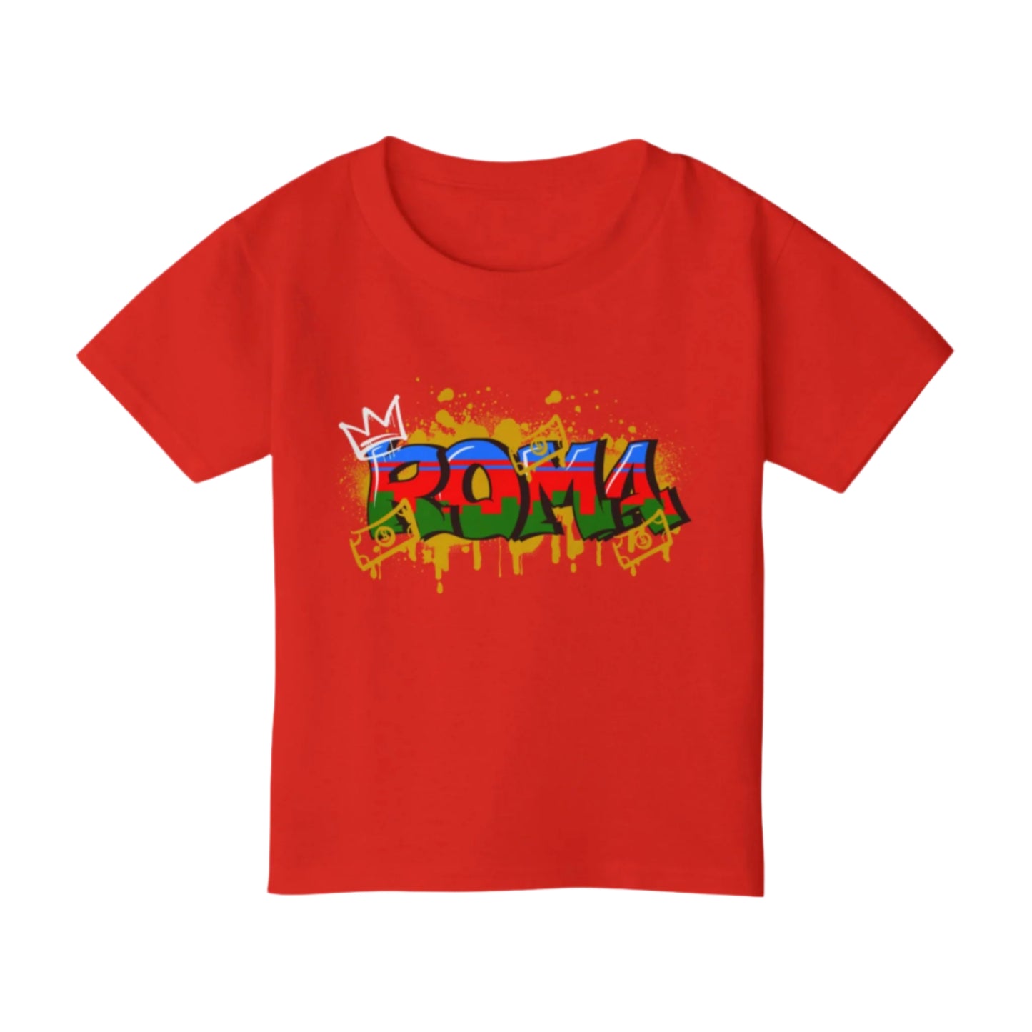 Red t-shirt with colorful graphic design on a pink background