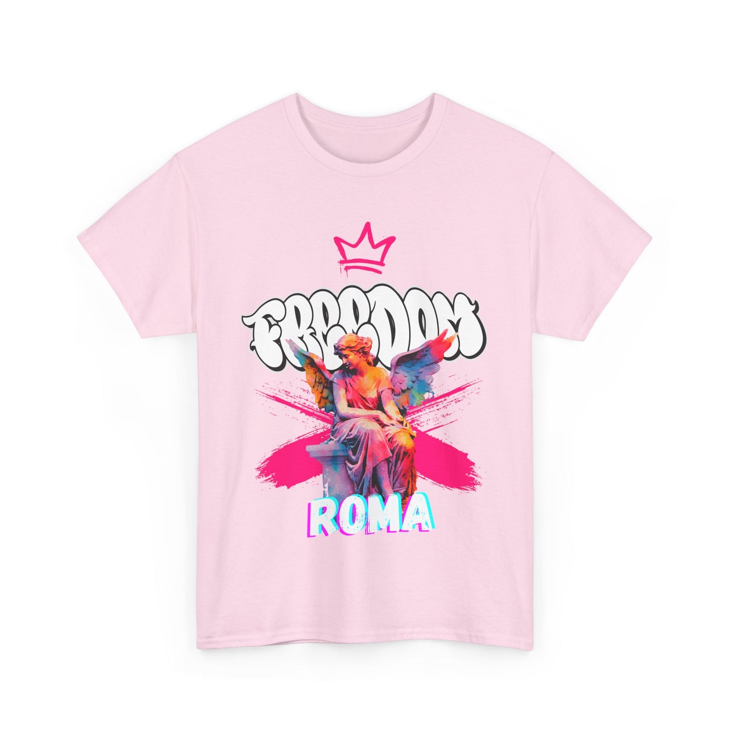 Ethereal fairy with soft glowing wings in a pastel gown, floating in a dreamy setting with the word ‘ROMA’ elegantly written in stardust-style font COLOR PINK Tshirts