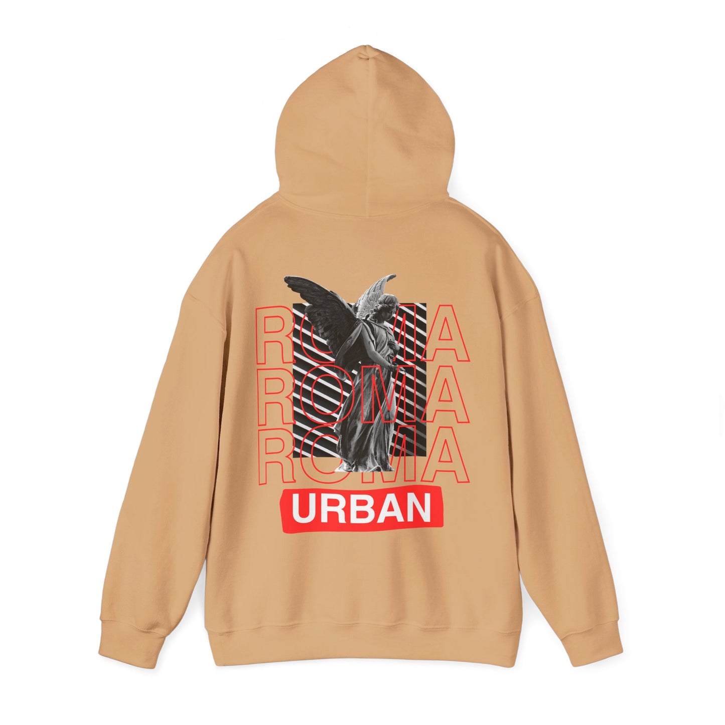 Hoodie design fusing ancient Roman art with modern street font — ROMA above, “URBAN” below.