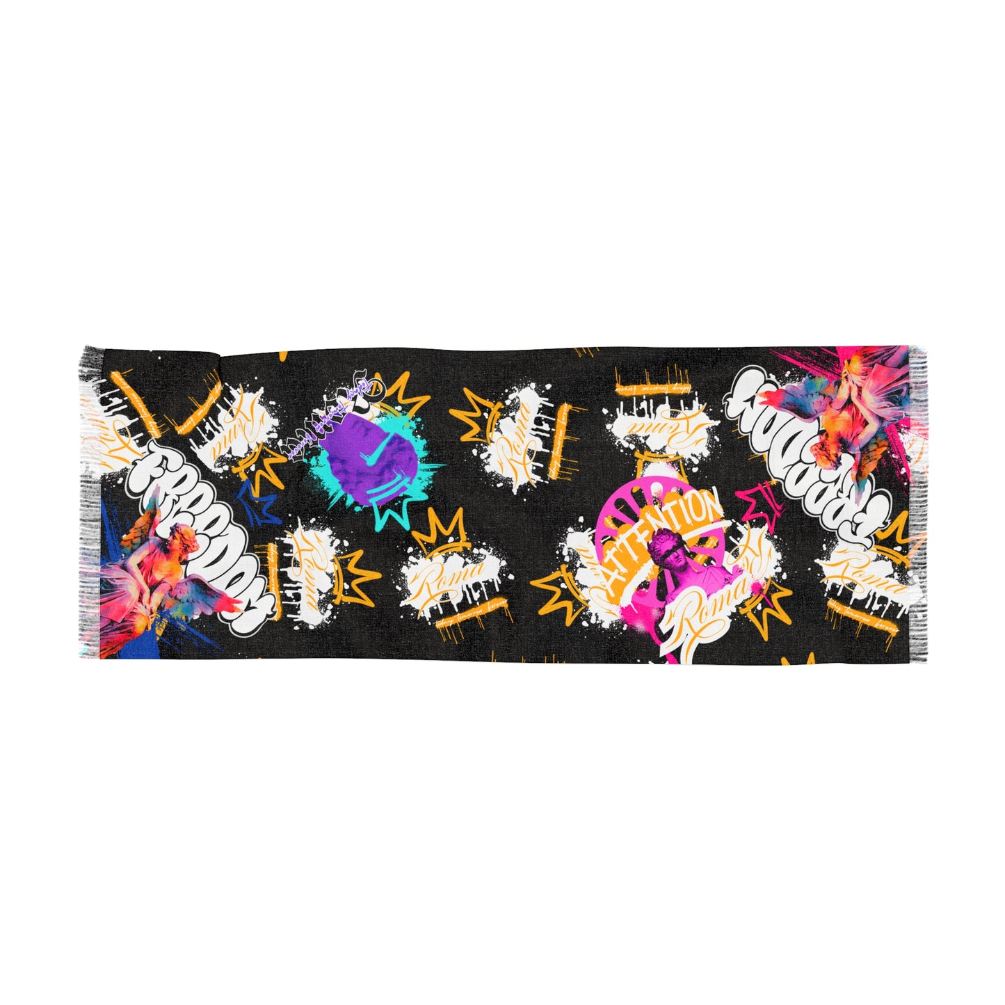 Stylish light scarf with an artistic angel pattern integrated with Roma flag colors and ‘SZUKAR’ text.