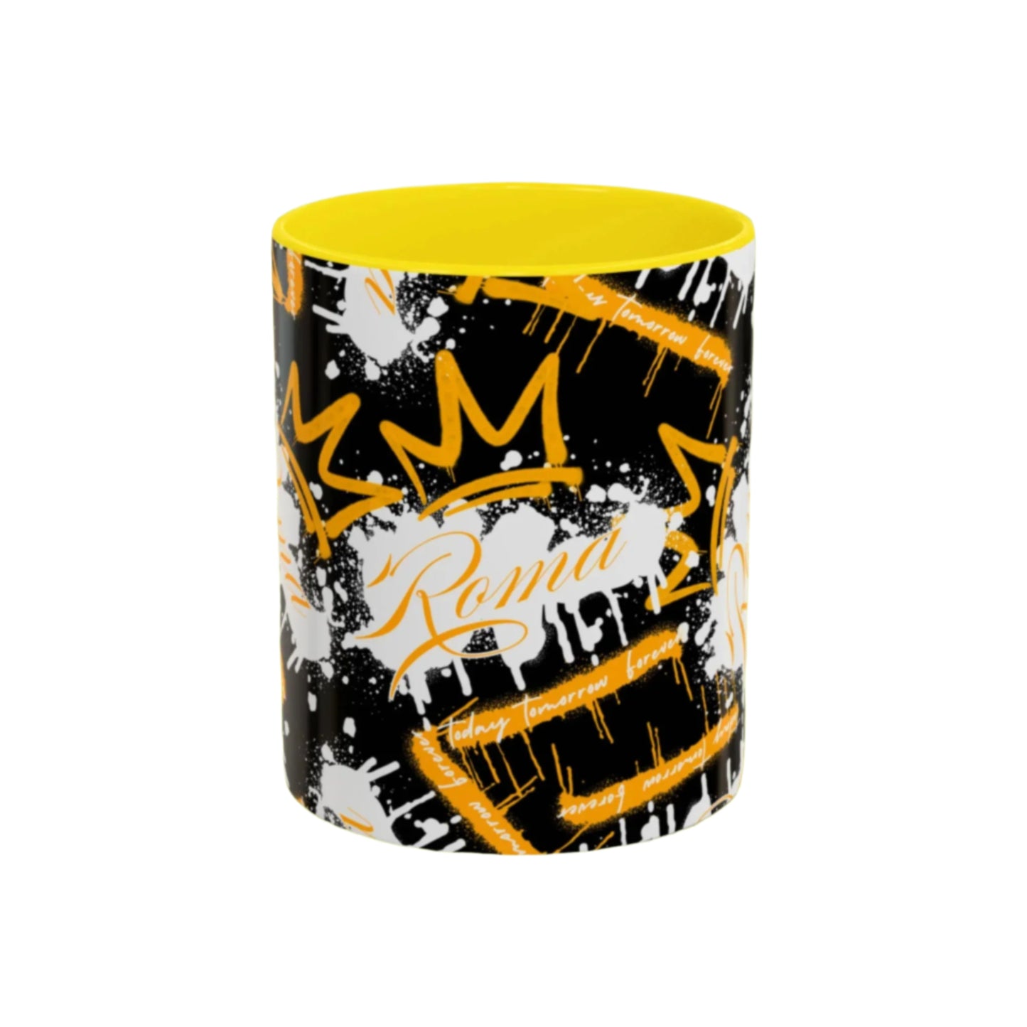 Glossy mug with large ROMA text printed horizontally across the center.