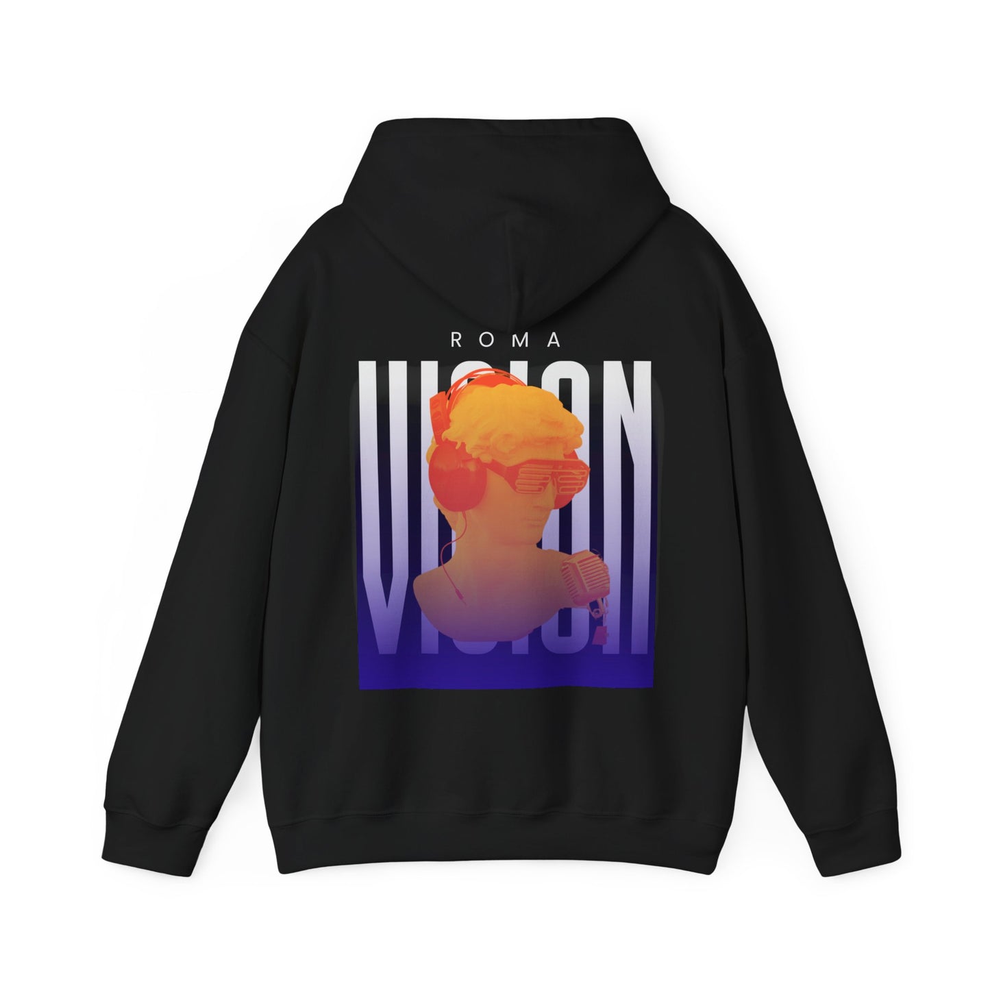 Stylish hoodie featuring ‘ROMA’ text, a central girl illustration, and the word ‘VISION’ softly layered in the background.