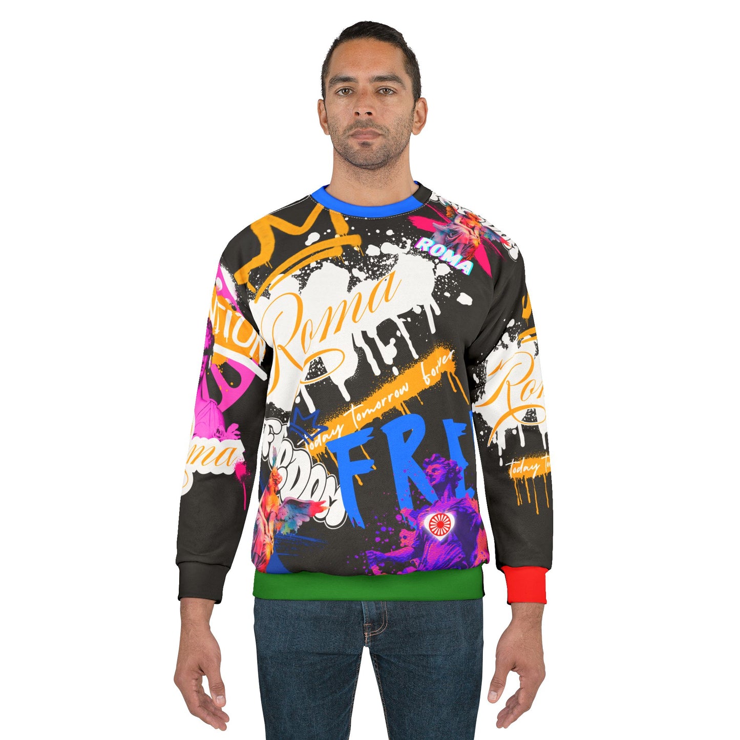 Graphic long sleeve with repeating crown emblems throughout, centered with large 'FREEDOM' text in stylized uppercase letters across the front.