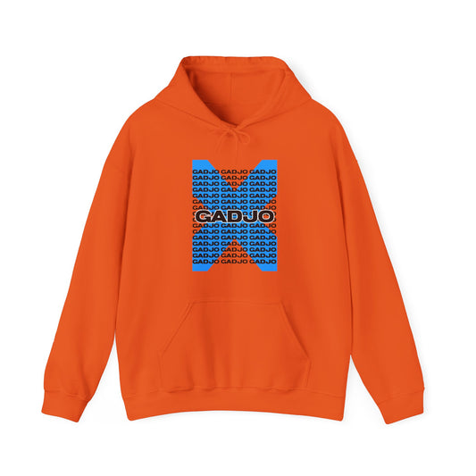 Pullover hoodie featuring “GADJO” text in block letters accented by thin horizontal lines.