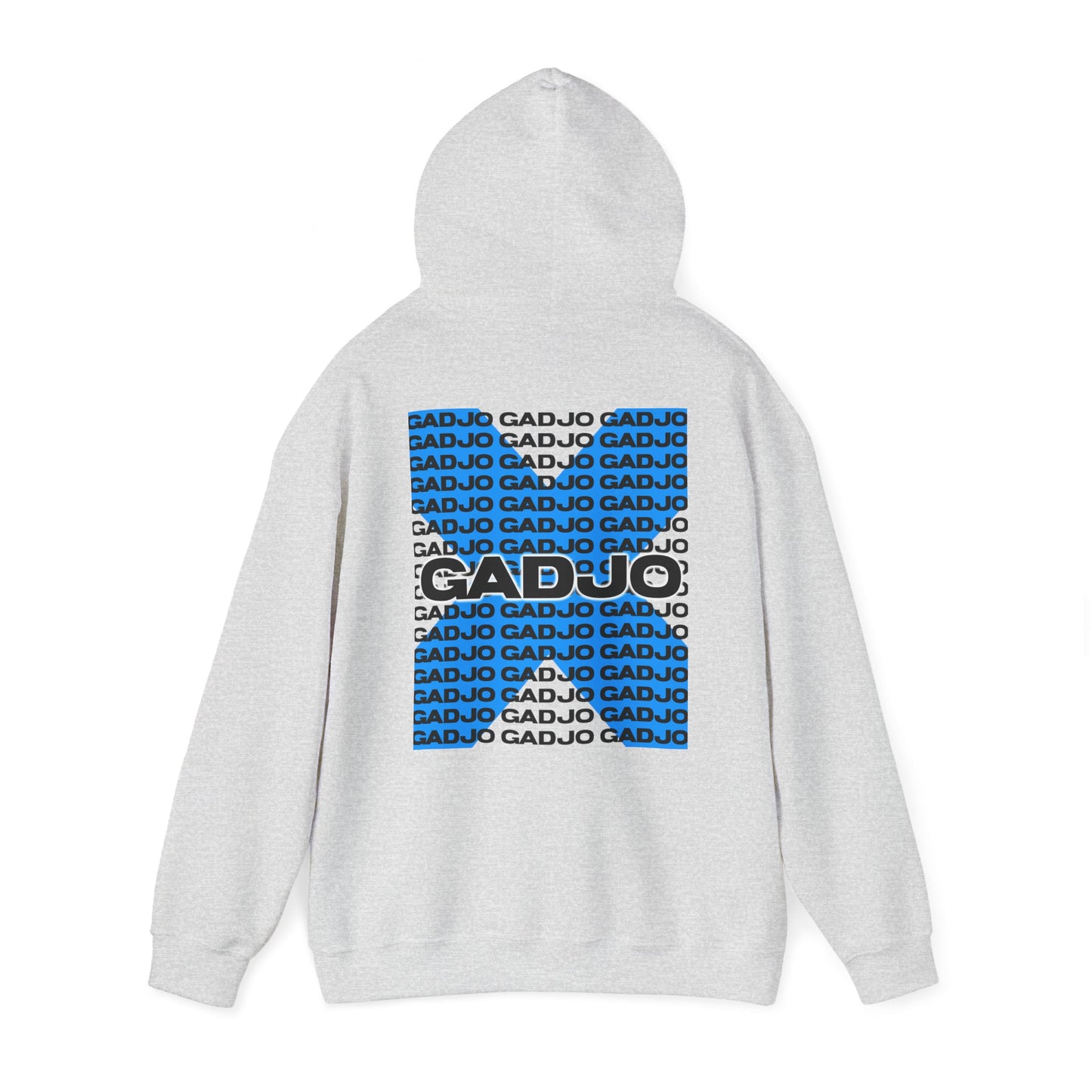Sporty hoodie with “GADJO” printed in italic block letters and contrasting sleeve stripes.
