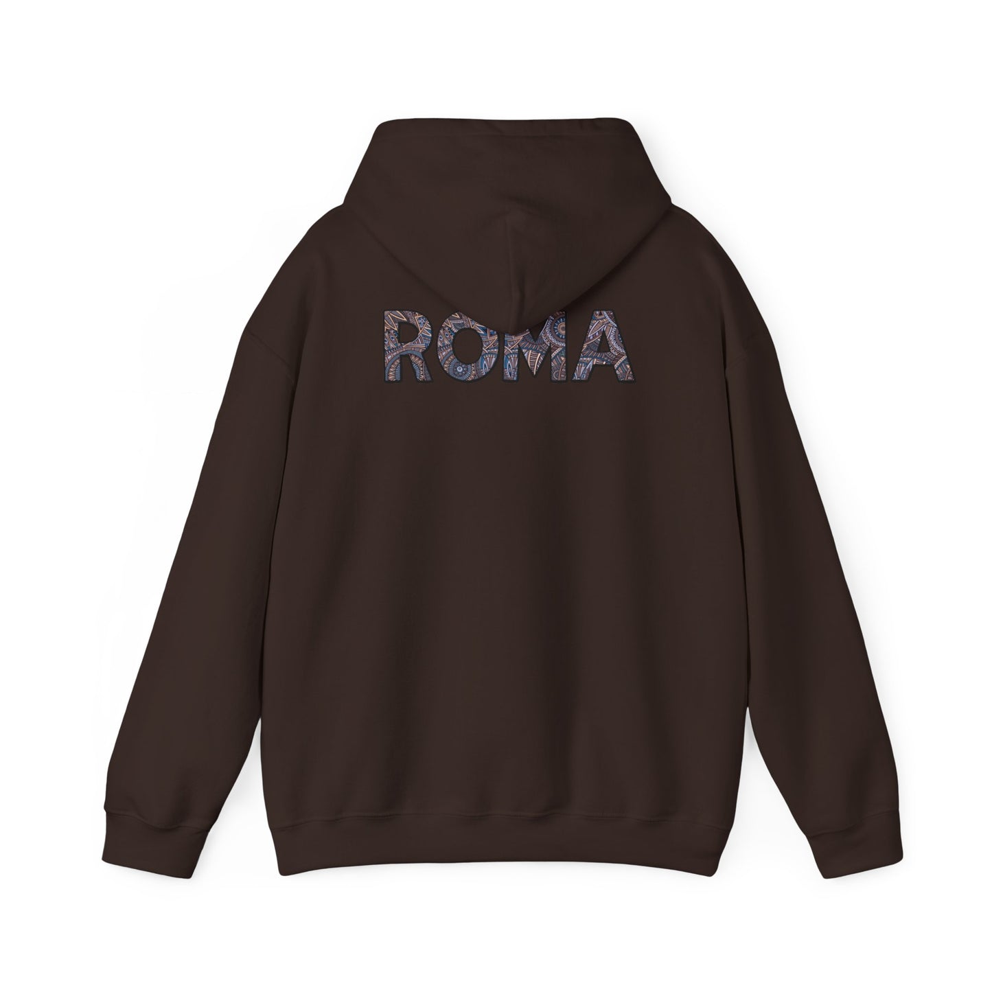 Modern men’s hoodie showcasing prominent ROMA text — perfect for casual wear.