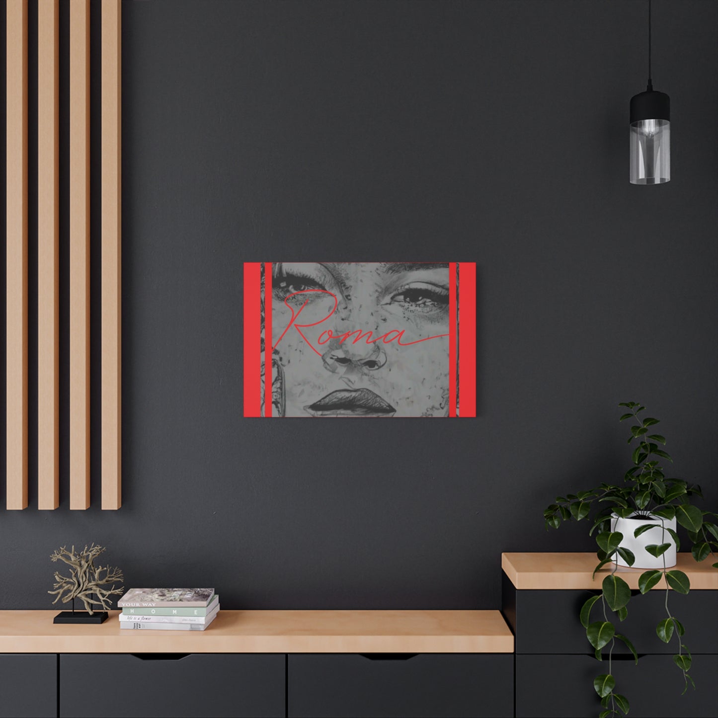 Teardrop-framed close-up of a girl’s face on canvas, contrasted with bold, clean ROMA lettering.