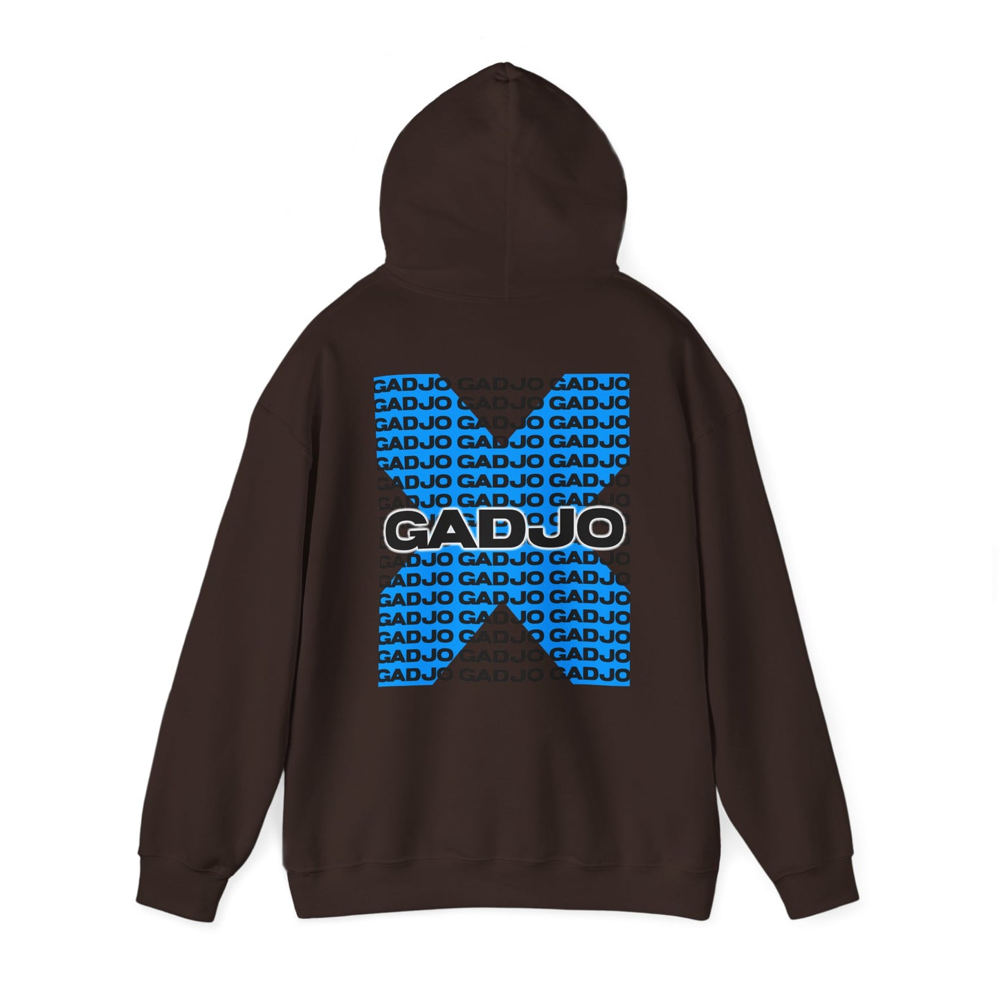 Hoodie with “GADJO” in bold red text across a grayscale background pattern.
