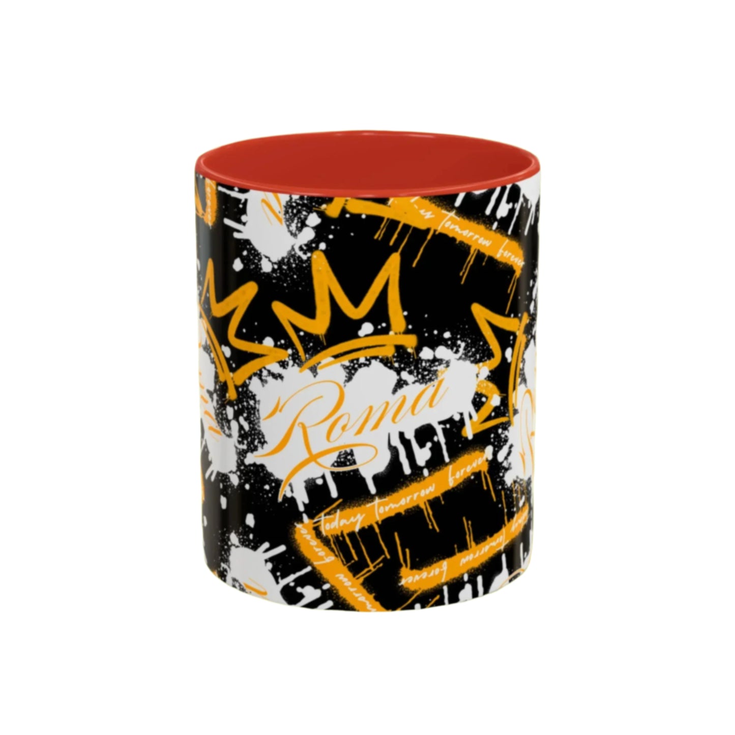 Coffee mug with ROMA text accented by a thin underline below the word.