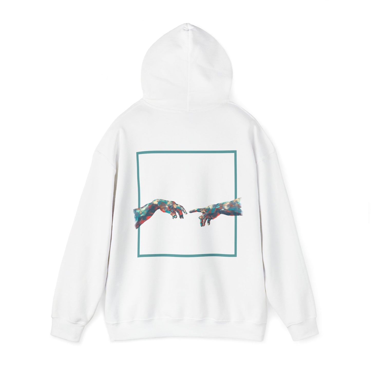 Stylish hoodie featuring “BUT BAHT” and an image of hands reaching out in unity.