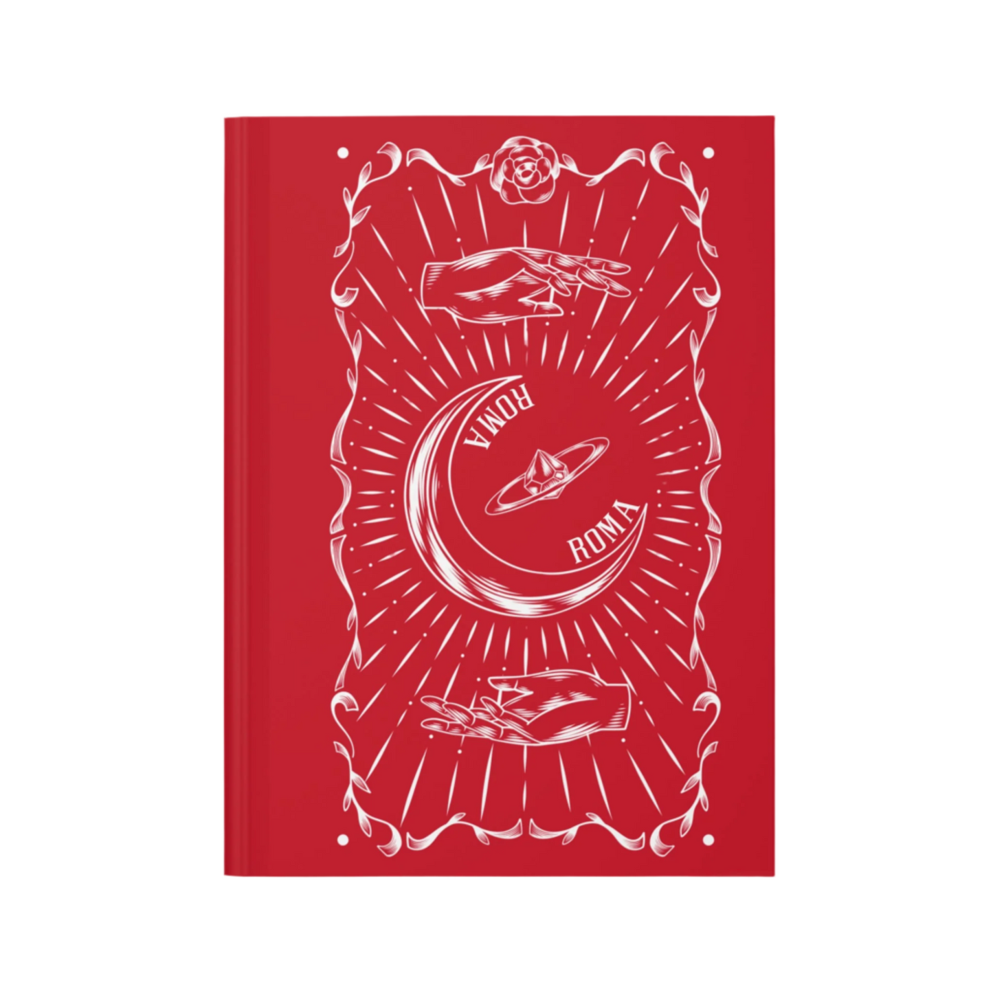 Red book cover with white illustration of hands and a moon on a red background