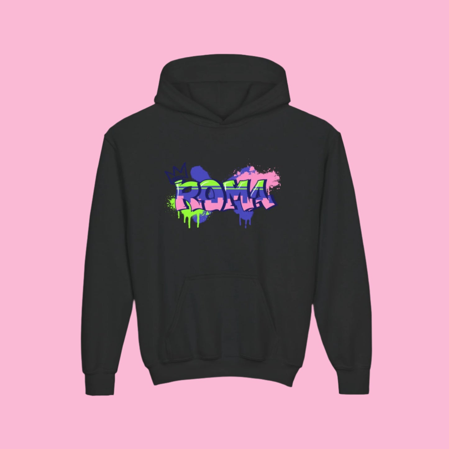 Kids' hoodie in soft cotton with bold 'ROMA' text across the chest.