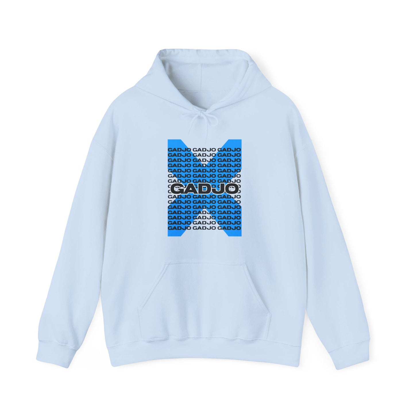Hoodie with “GADJO” text integrated into a geometric pattern stretching across the chest.