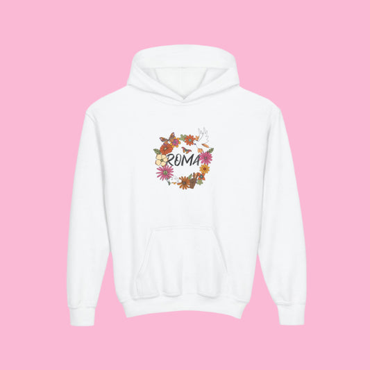 Colorful hoodie for kids featuring scattered blossoms and centered ROMA typography for a bold statement.