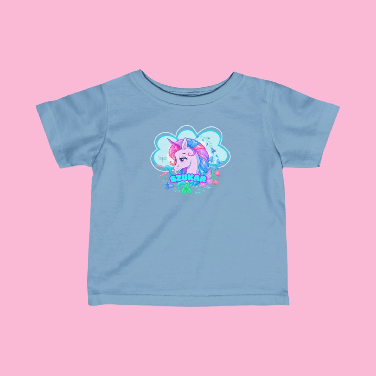 Children’s t-shirt adorned with a friendly unicorn and rainbow accents for a fun look.