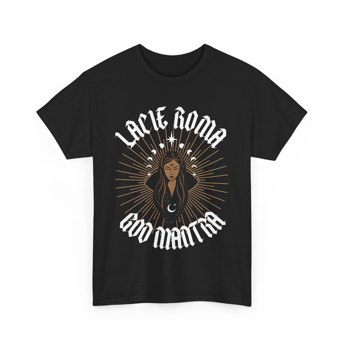 T-shirt design with a goddess-like girl in the center, surrounded by sun beams, tribal symbols, and floating moons and stars, with 'LACIE ROMA' at the top and 'GOO Mantra' beneath.