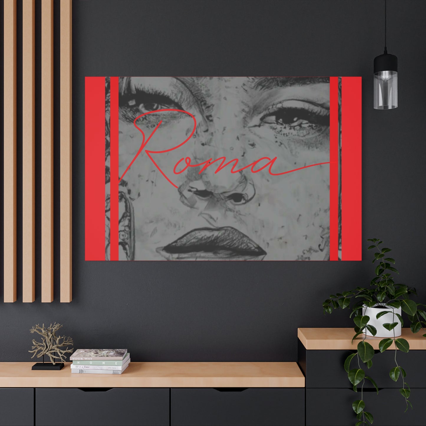 Canvas print of a close-up girl’s face with subtle tears and bold ‘ROMA’ text overlay.