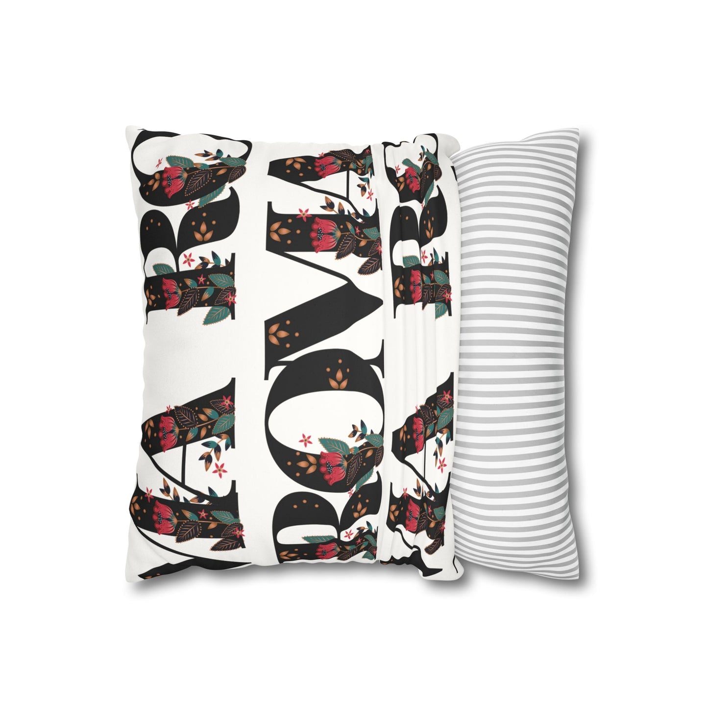 Decorative pillow with large, bold ROMA print on clean white fabric.