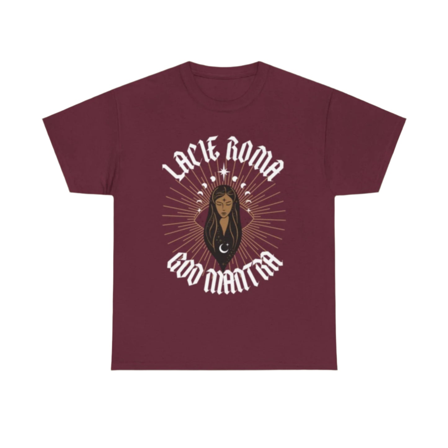 Short sleeve shirt with enchanting artwork of a girl standing within a symbolic sun-moon frame, styled with ancient Roma flair and script reading 'LACIE ROMA' and 'GOO Mantra'.