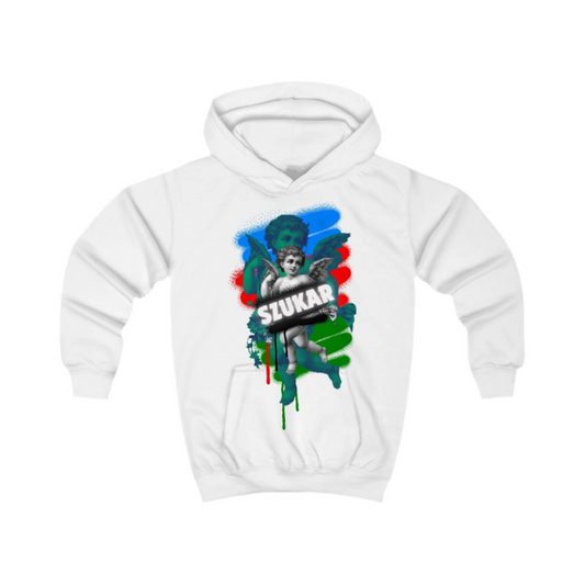 White hoodie with colorful graphic design on a white background