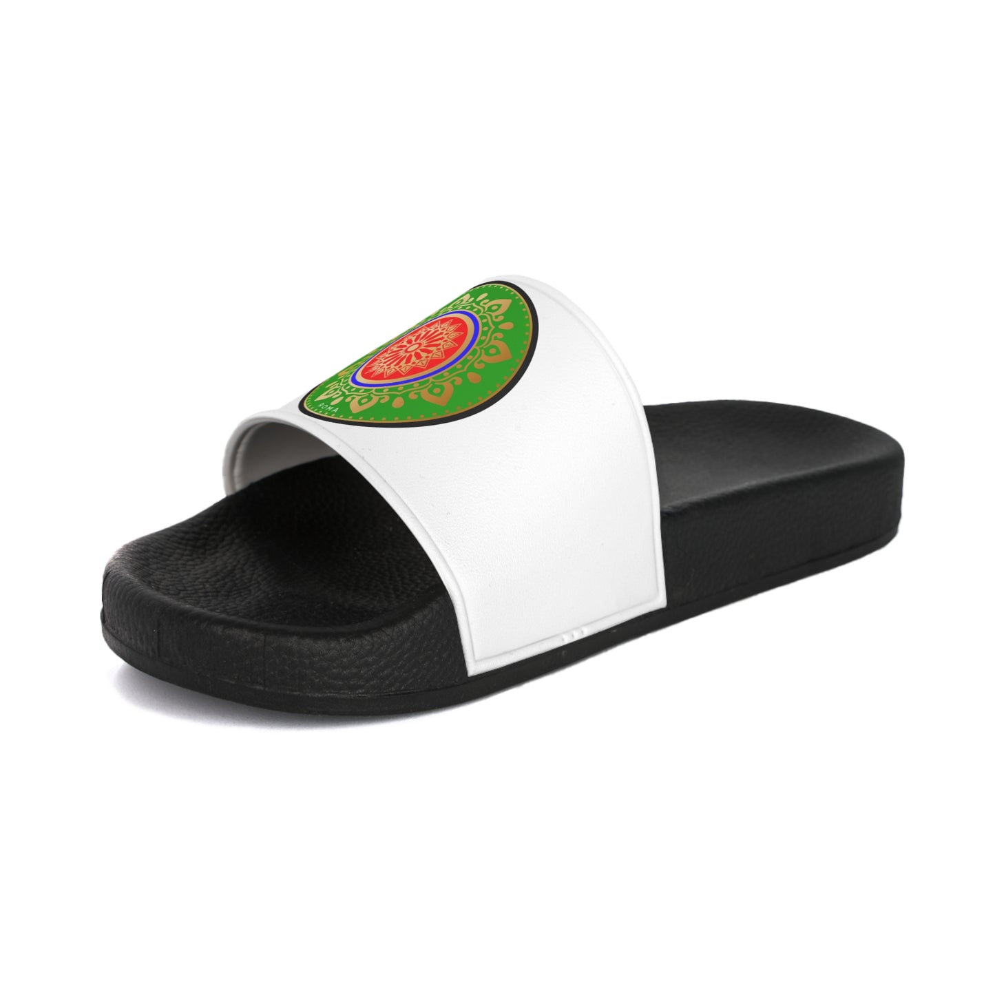 Stylish slipper showcasing a Roma crest: green-red inner circle, blue outer ring, gold accents, and black edge.