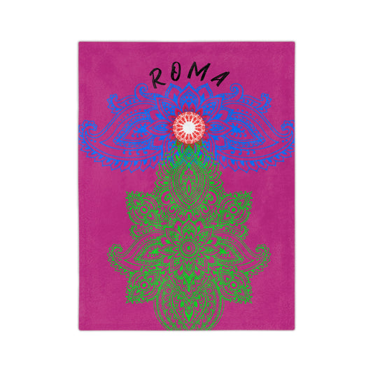 Bold graphic blanket featuring stacked ROMA typography and a soft textured finish.