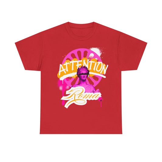 Stylish short sleeve tee featuring Roma statue artwork, with 'ATTENTION' text layered in the background and 'Roma' printed below.
