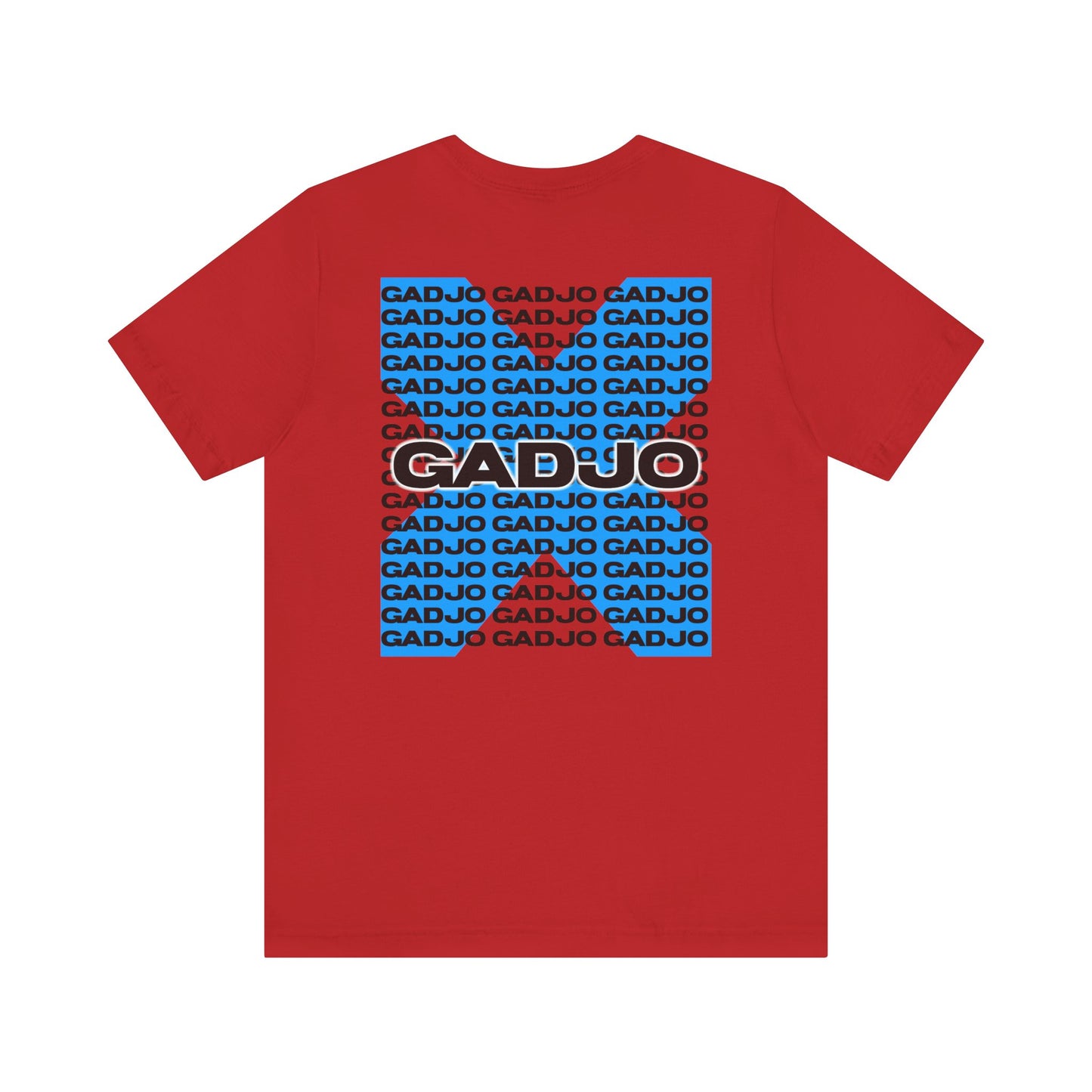 T-shirt design with GADJO lettering formed by colorful threads, giving a handcrafted, stitched look.