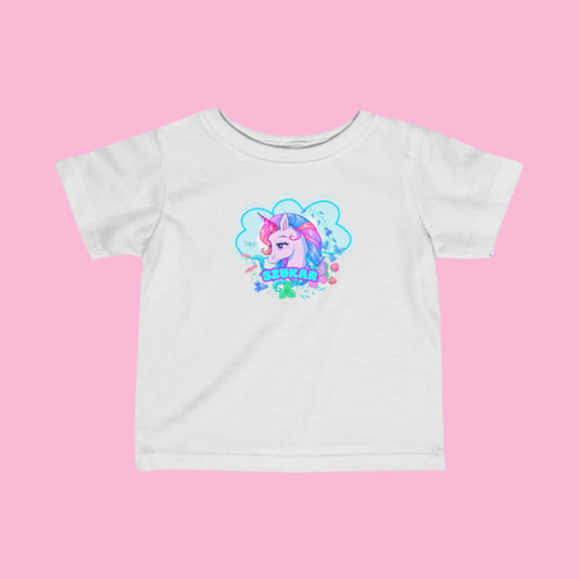 Whimsical unicorn design on a vibrant children’s t-shirt, crafted by Szukar Roma.