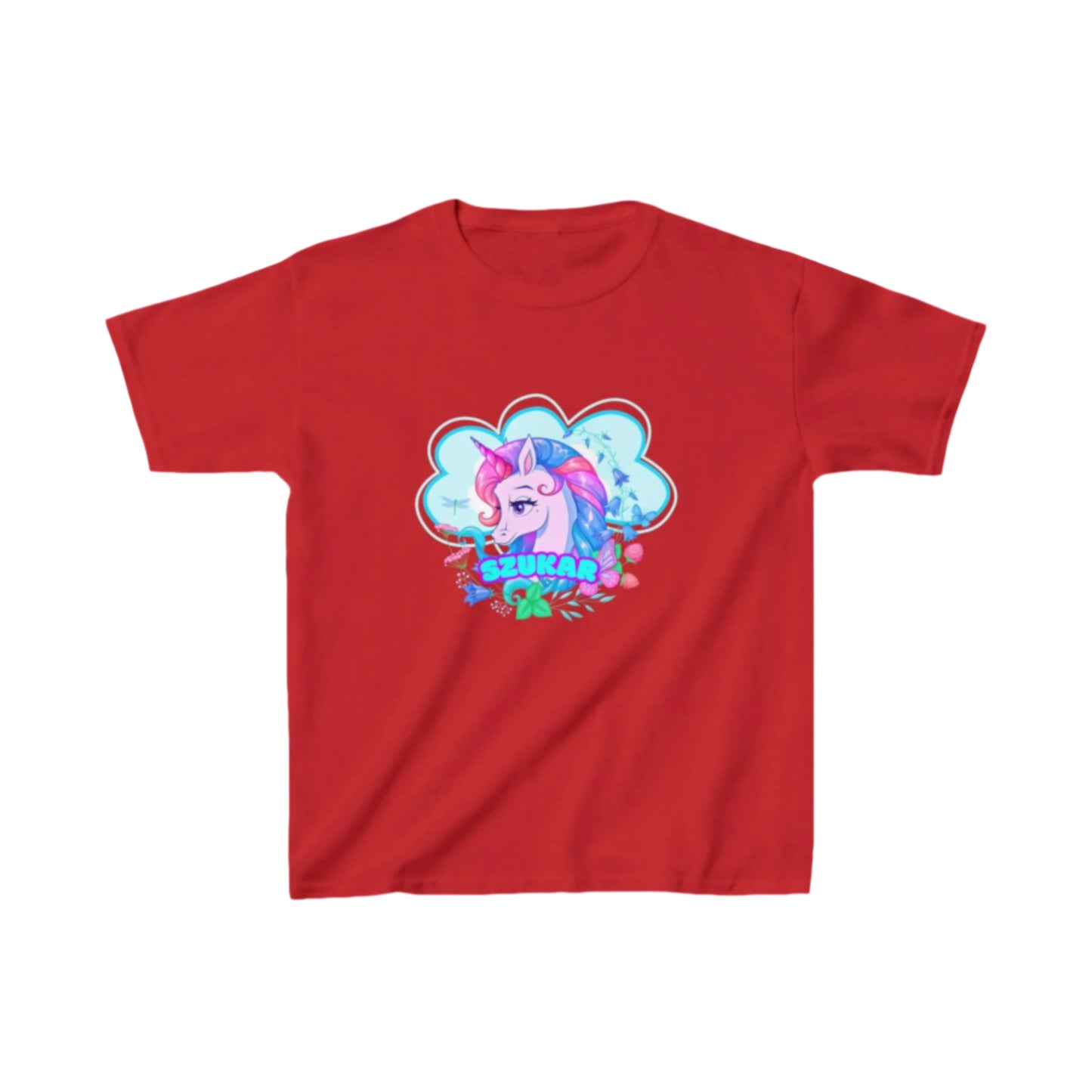 Fantasy-style kids’ tee showing a unicorn galloping under a double rainbow.