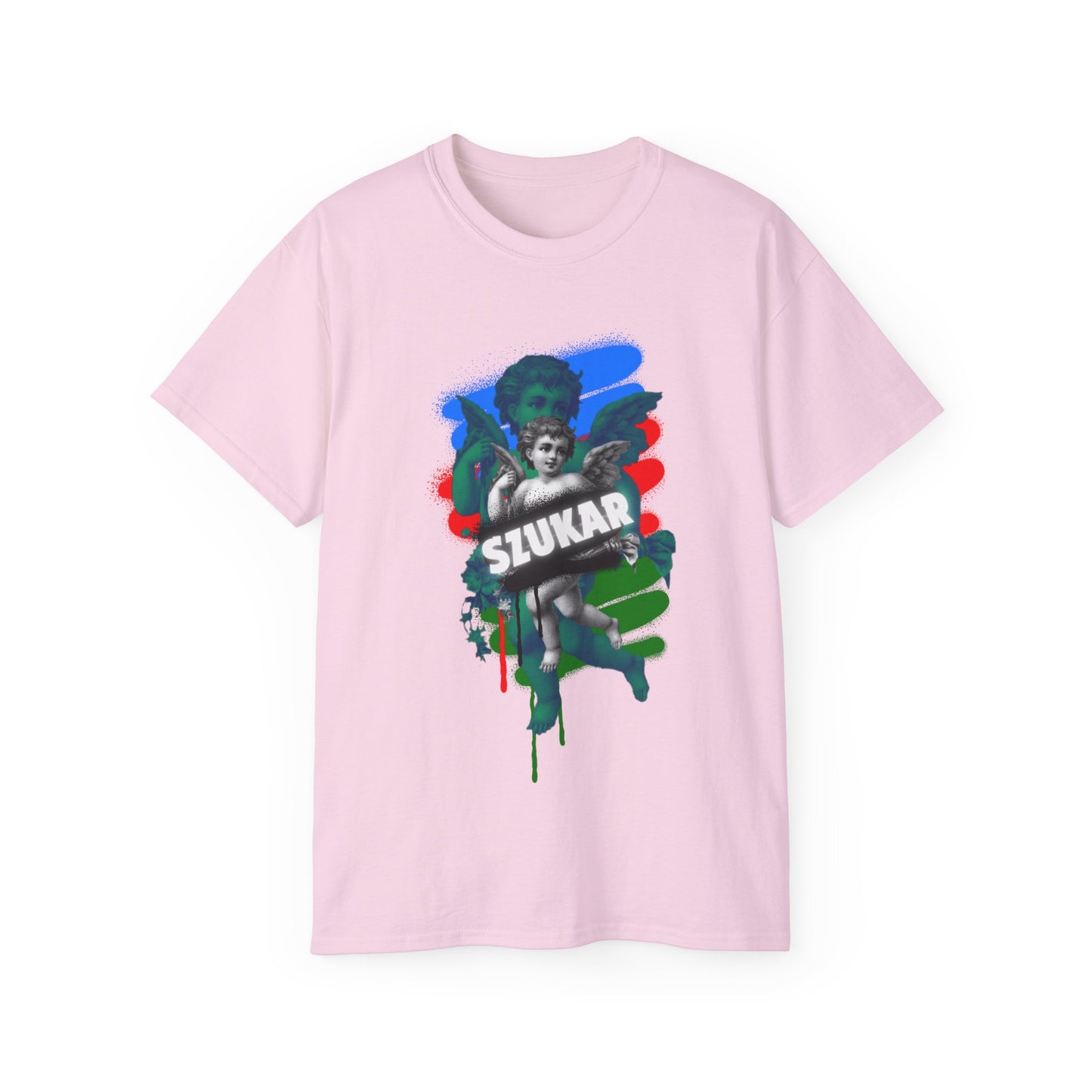 Angel-themed tee with classic wings and a halo, positioned above the empowering phrase 'SZUKAR ROMA' in stylized text.