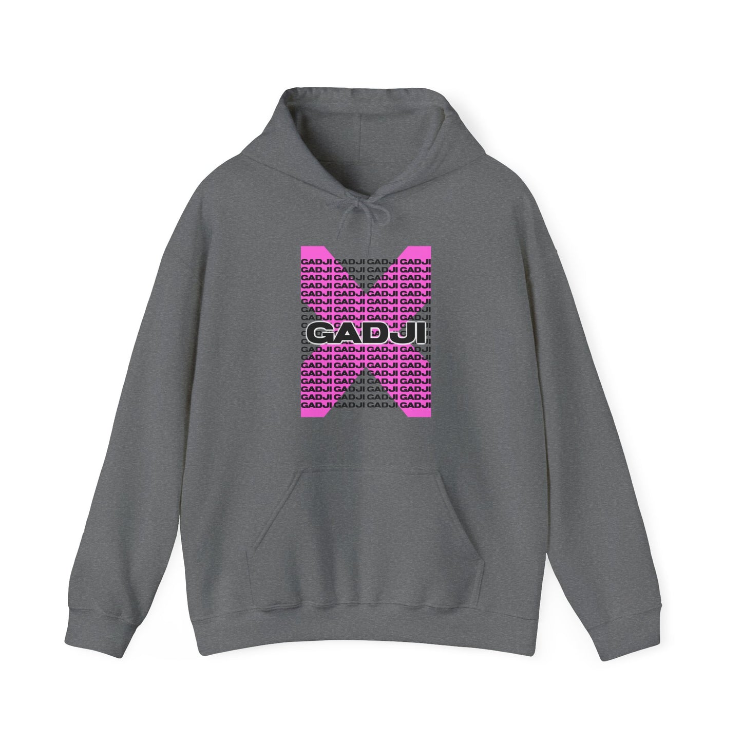 Front view of maroon hoodie with GADJI design
