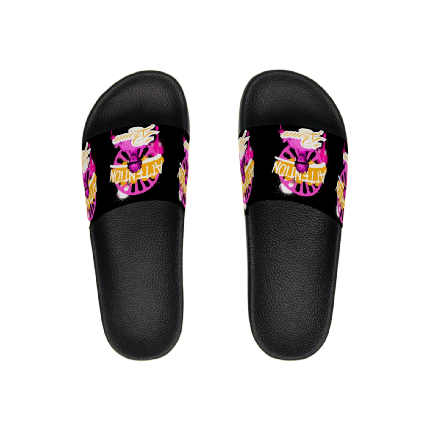 Black slides with colorful design on a yellow background