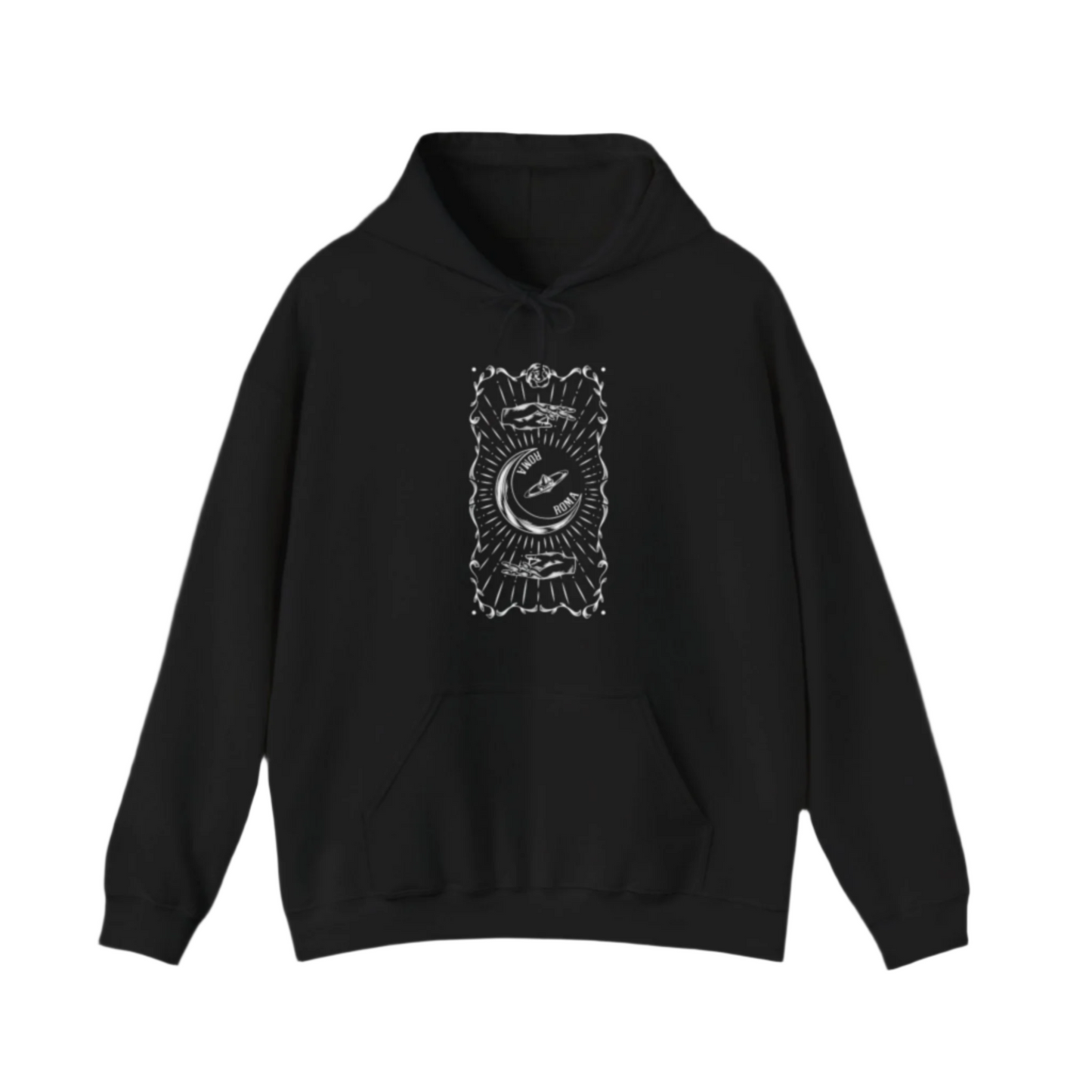 Black hoodie with white graphic design on a black background