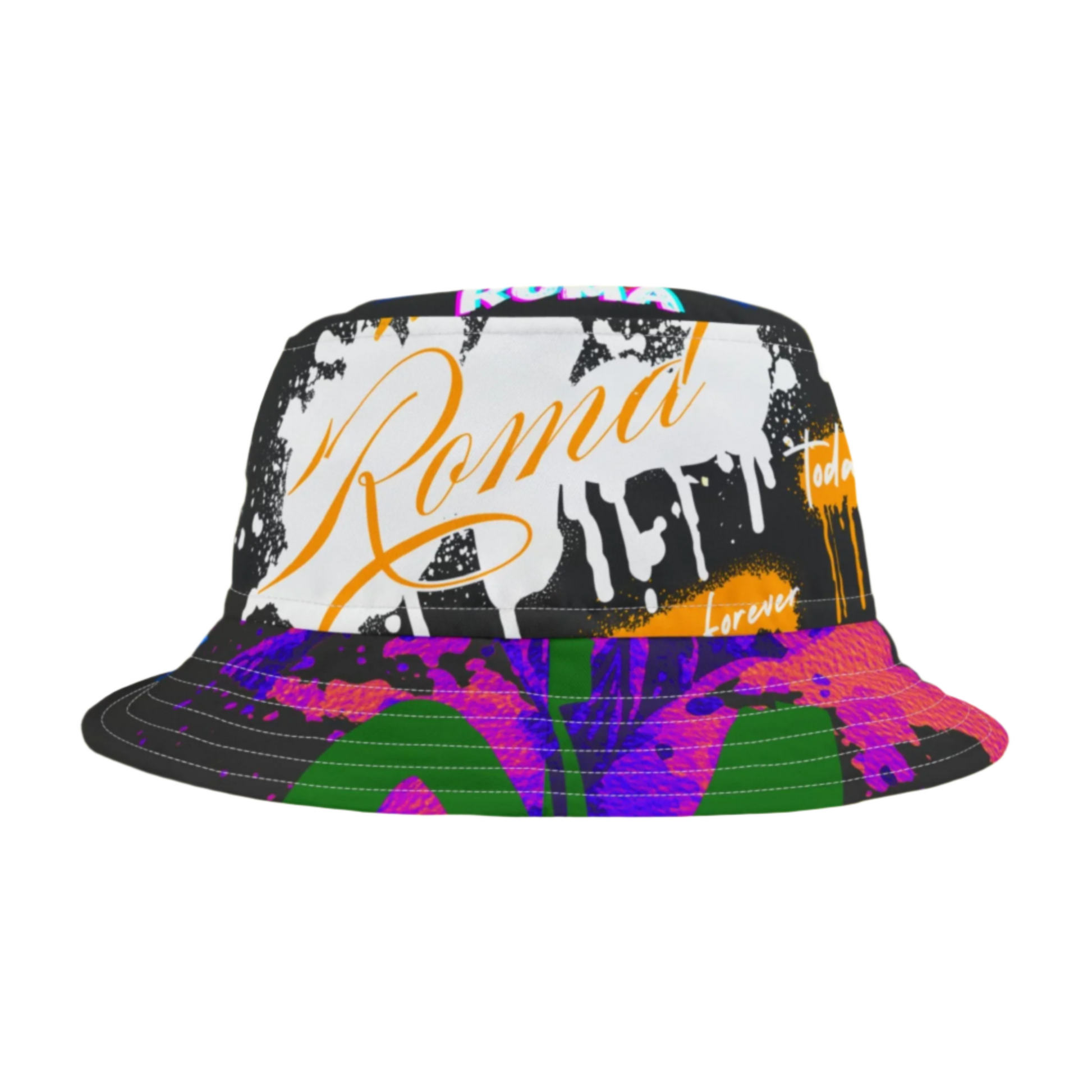 Colorful bucket hat with 'Roma' text on a yellow background