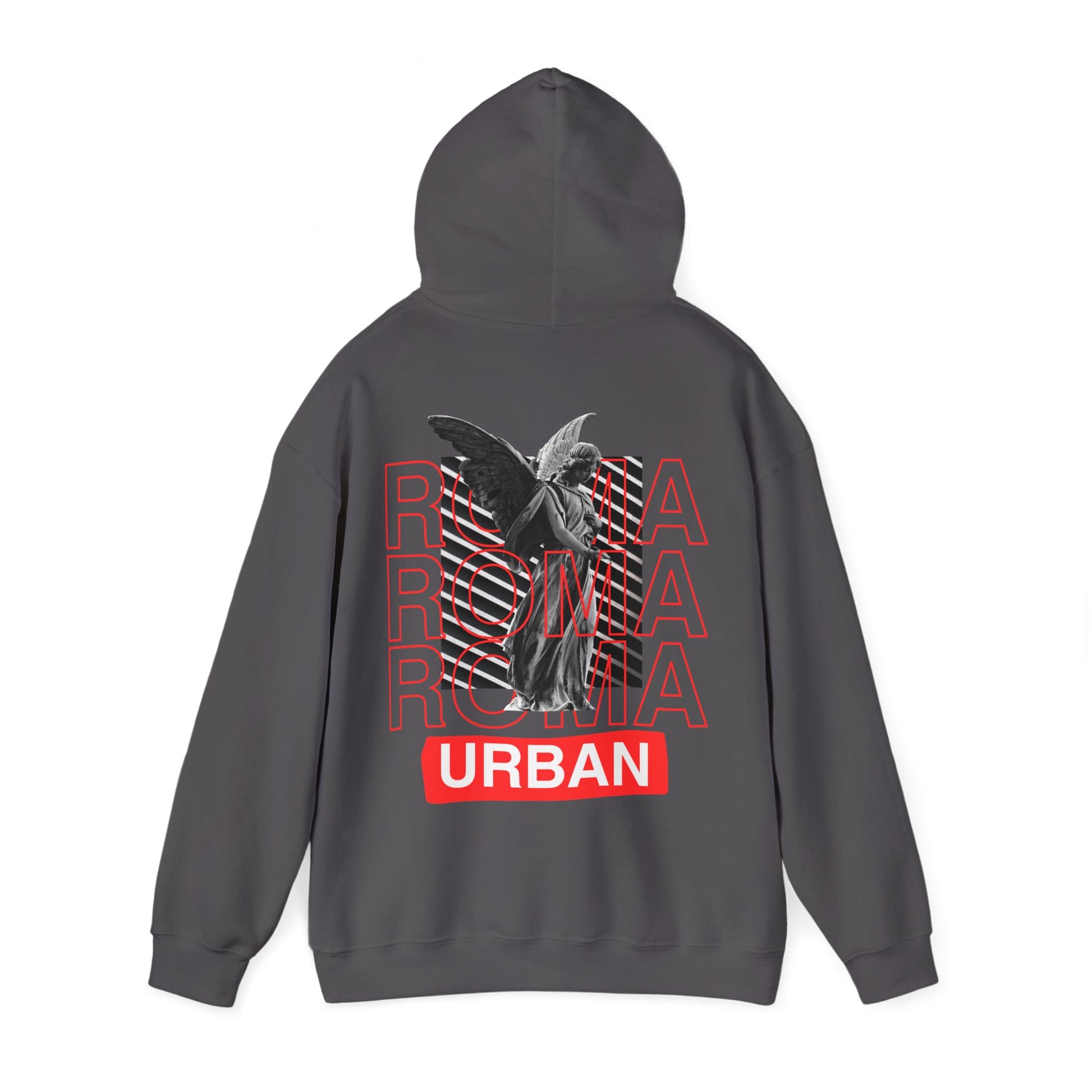 Edgy hoodie where timeless statue overlays modern ROMA text and is grounded by an “URBAN” statement.

