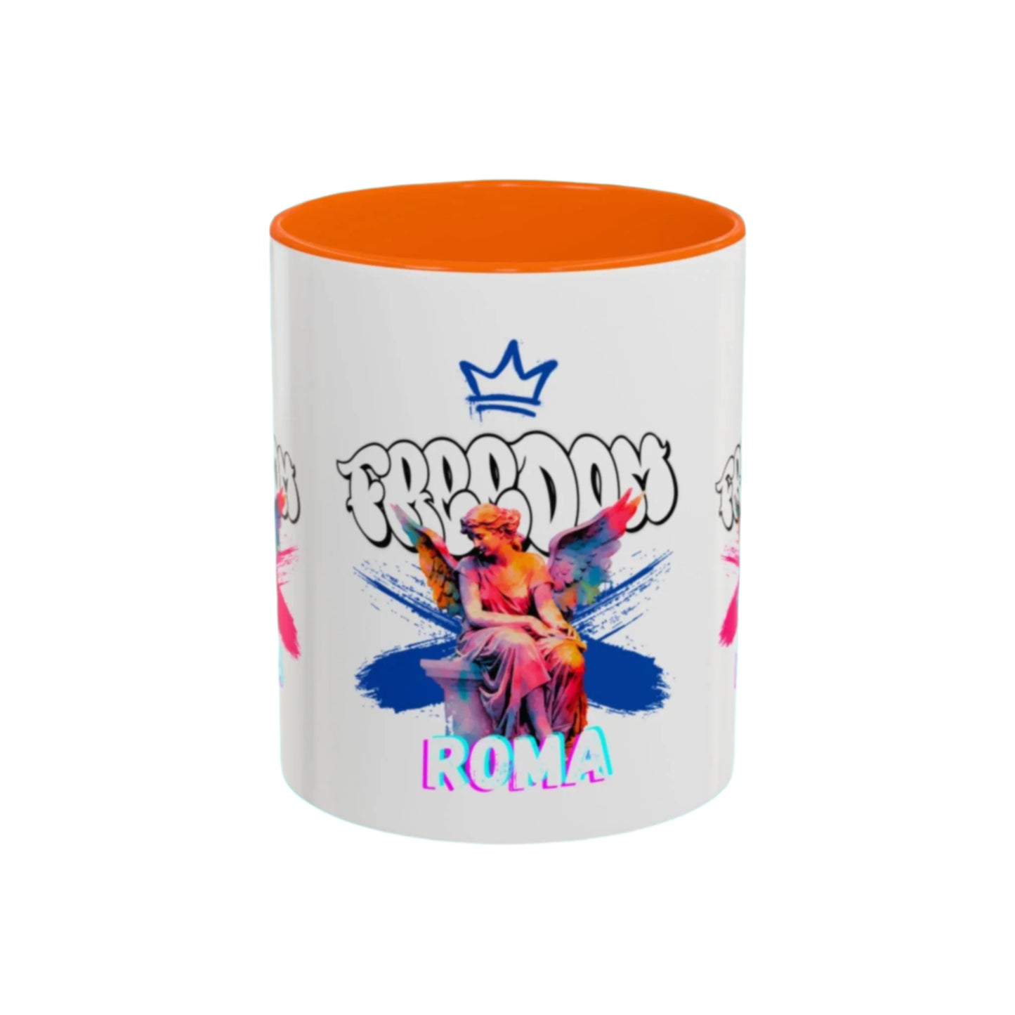 A clean white coffee mug framed by a bright orange handle and rim, featuring an artistic angel silhouette crowned in pink and layered freedom text.