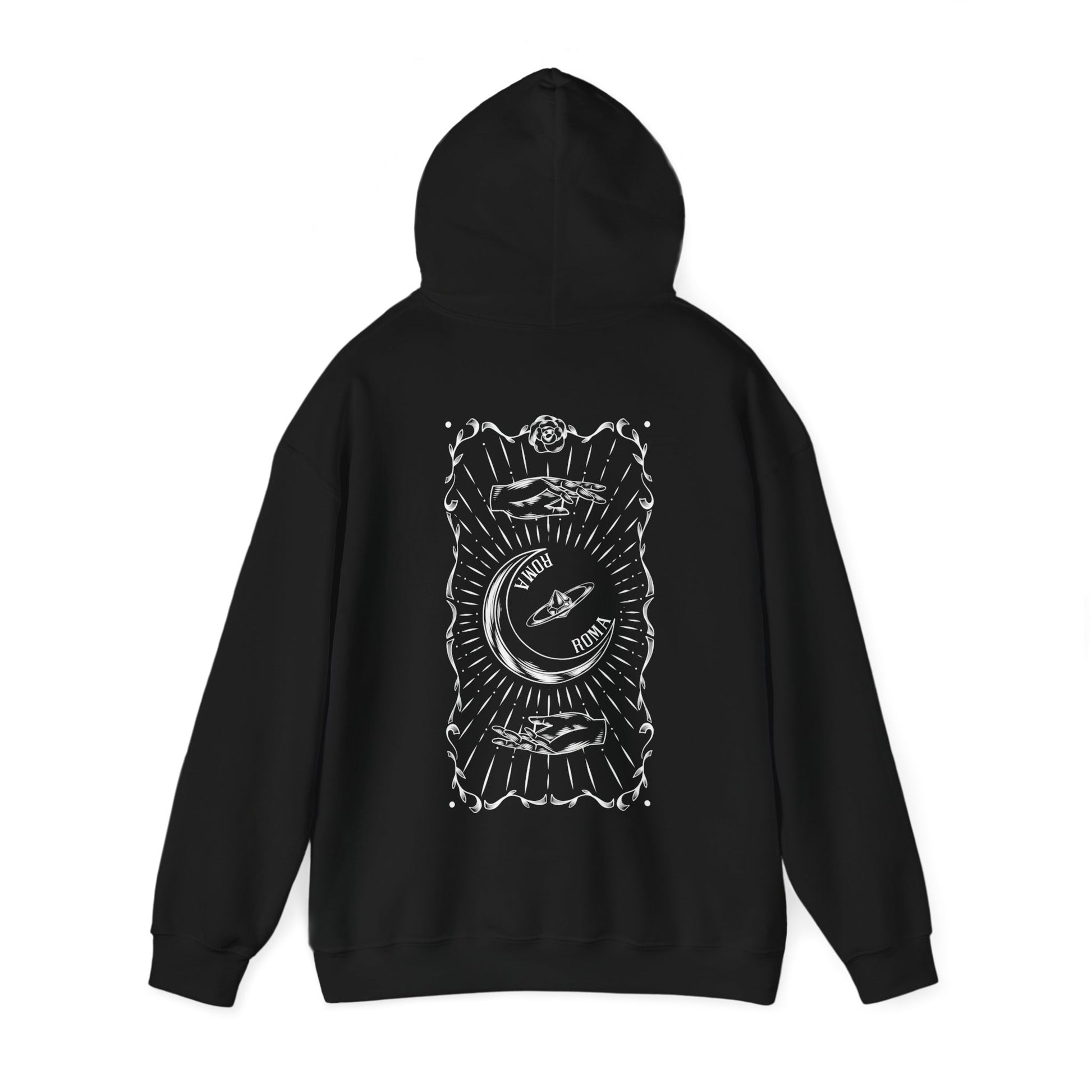 BLACK hoodie with celestial half-moon motif and ROMA text centerpiece