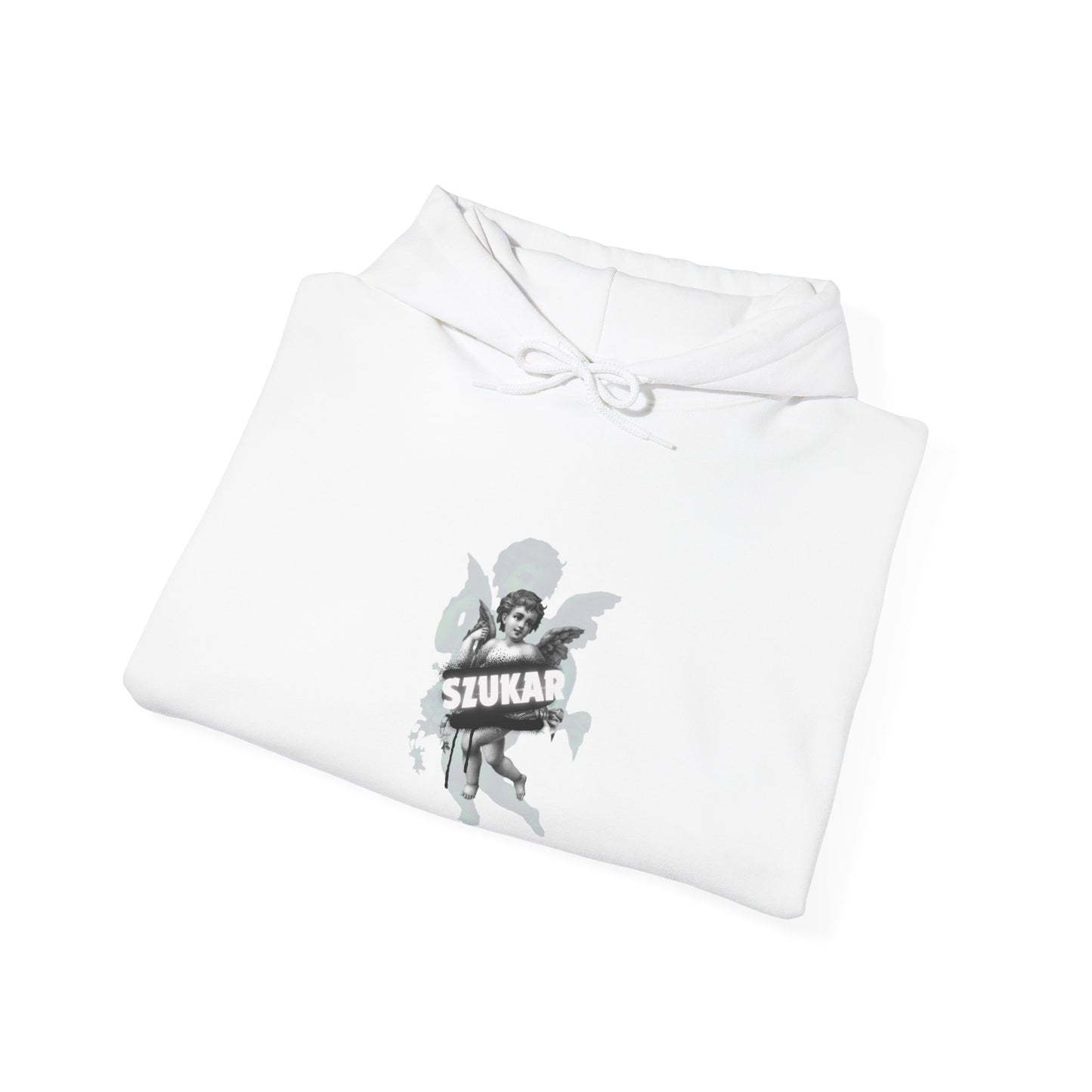 Hooded pullover with faded angel sketch framed by clean, minimal ‘SZUKAR’ branding.