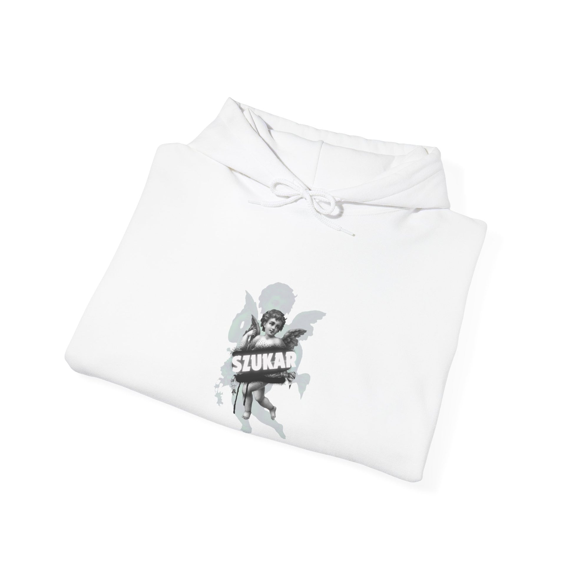 Hooded pullover with faded angel sketch framed by clean, minimal ‘SZUKAR’ branding.