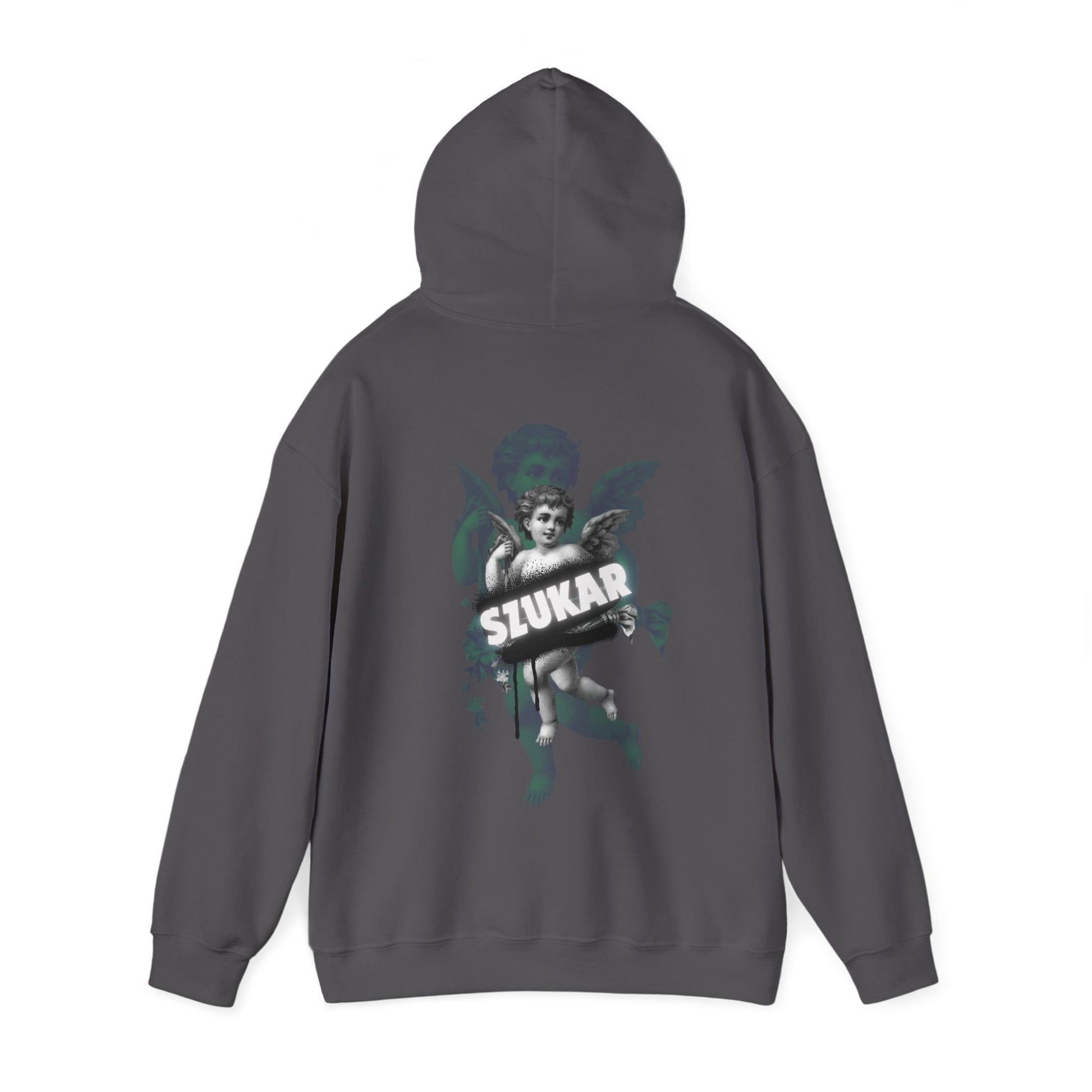 Hooded sweatshirt with detailed angel wings graphic and statement ‘SZUKAR’ print.