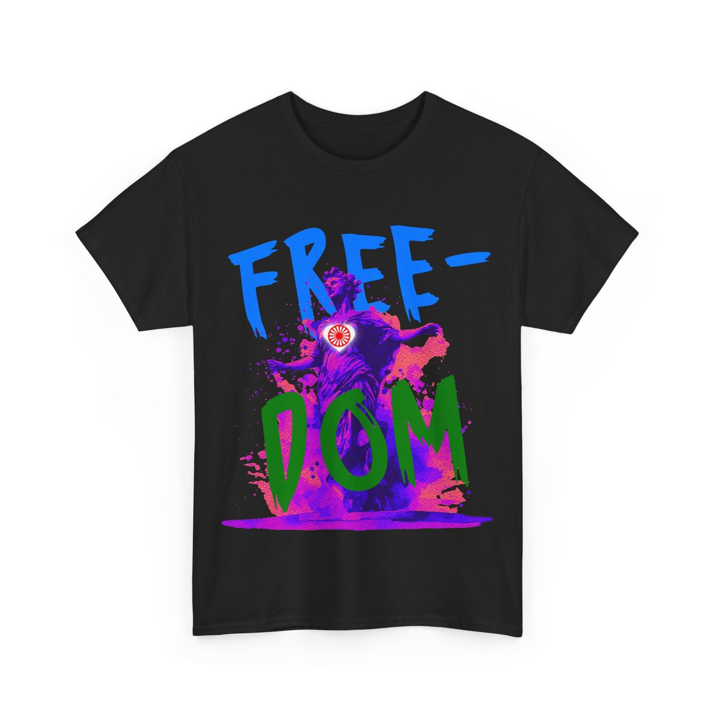 Trendy everyday tee with a front-facing statue graphic and minimal “FREEDOM” label.