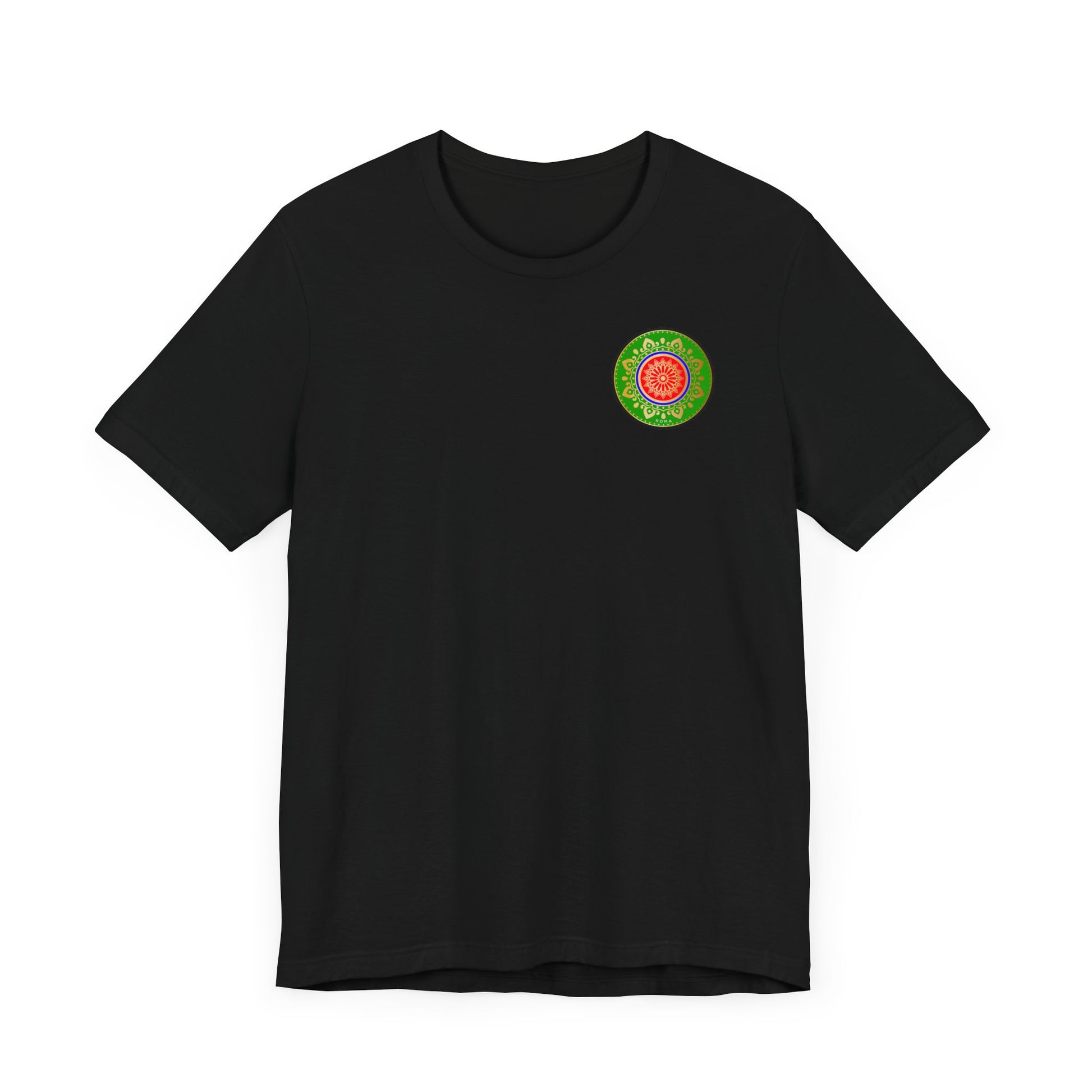 Unisex tee featuring bold Roma design inside a green and gold crown-style circle.