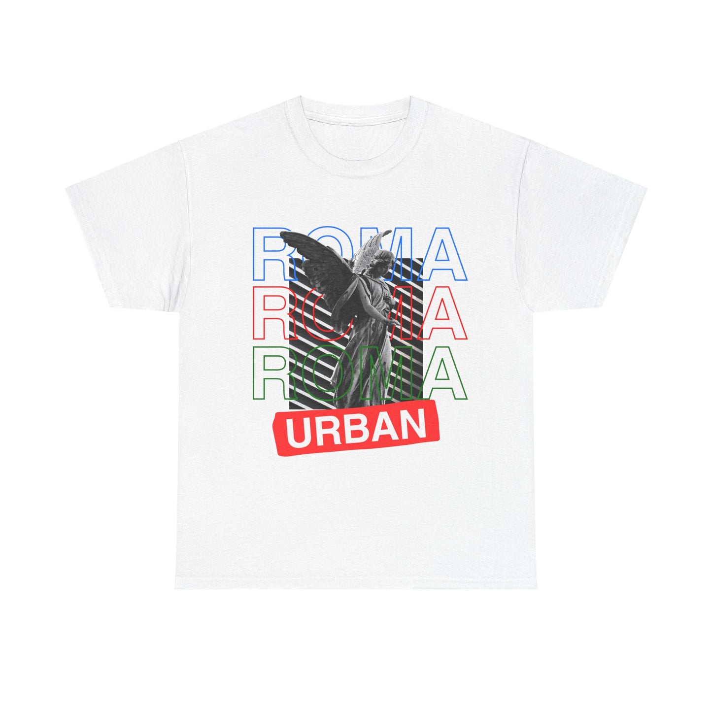 Urban-style T-shirt design featuring a classical angel statue and bold “ROMA” text overlay.

