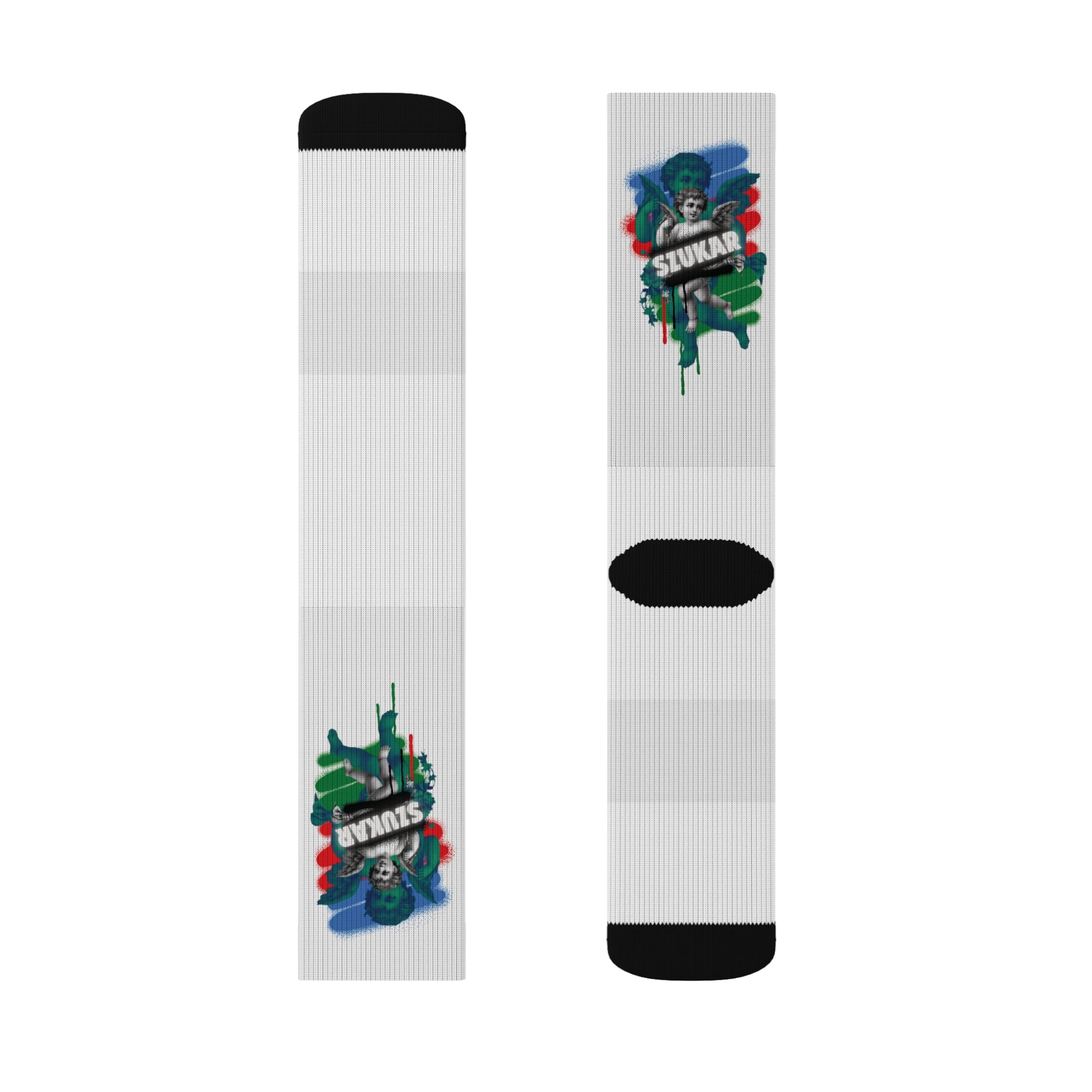 Long sock featuring a detailed angel design overlaying the Roma flag colors, with bold ‘SZUKAR’ text along the cuff.