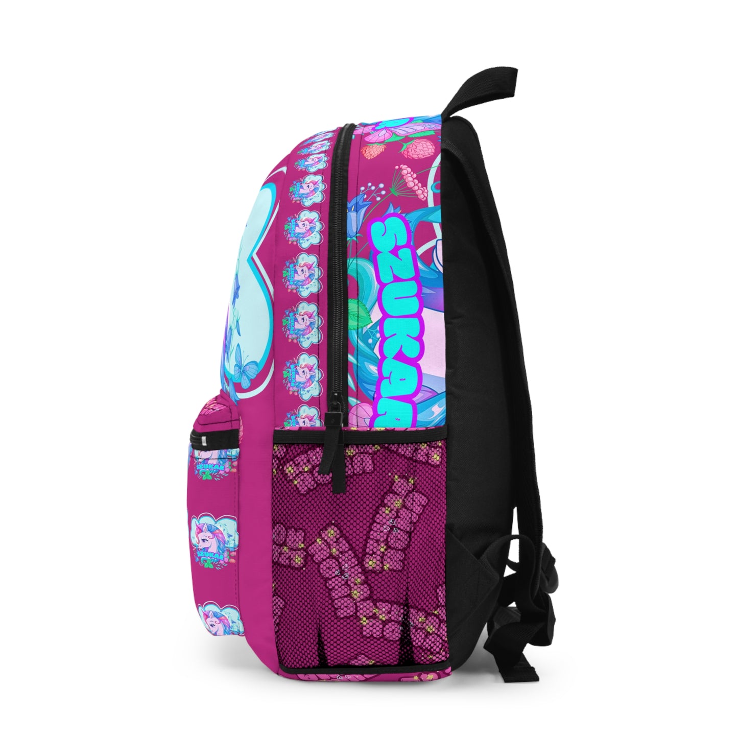 Youthful pink unicorn-themed backpack with SZUKAR branding across the front.

