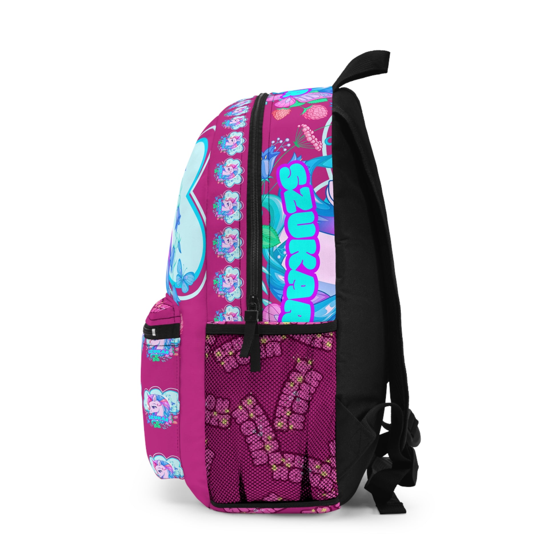 Youthful pink unicorn-themed backpack with SZUKAR branding across the front.

