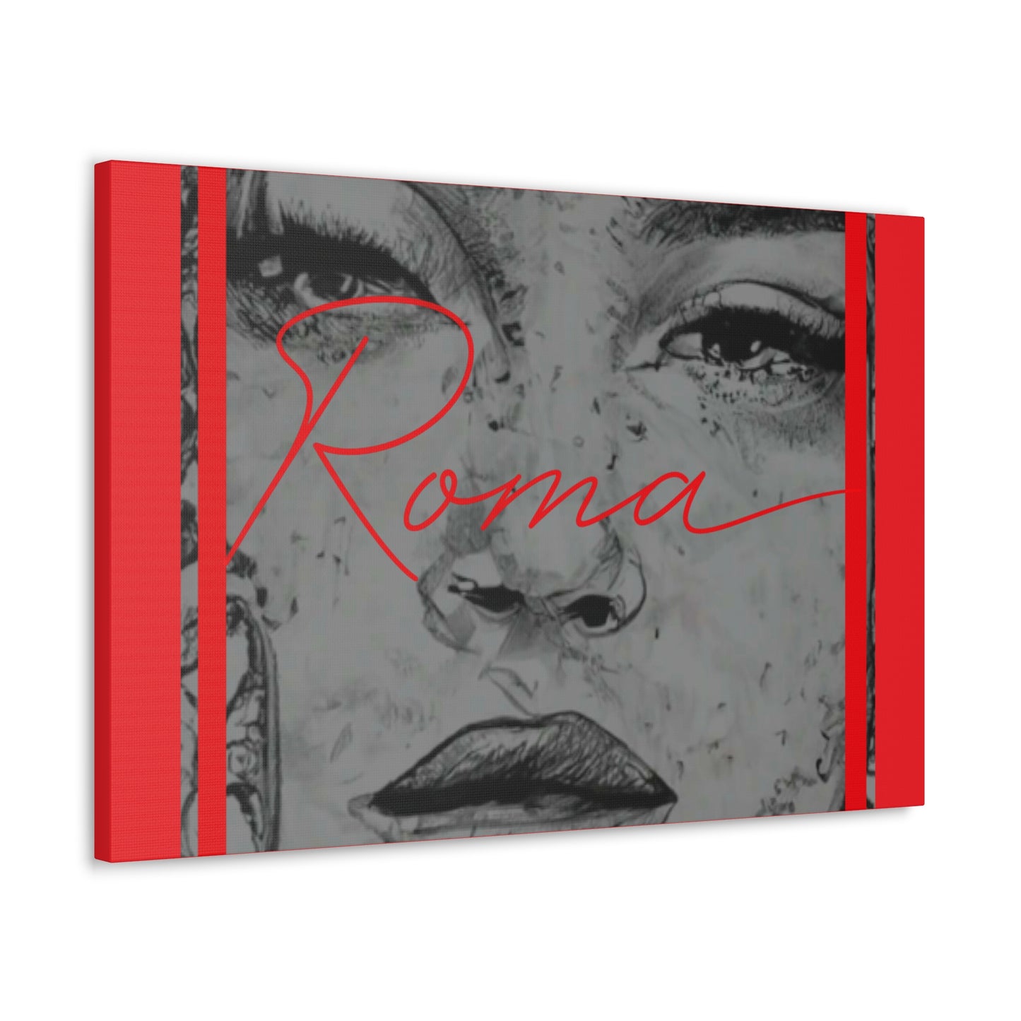 Canvas wall art capturing beauty in sadness through a girl's expressive face and centered ROMA typography.