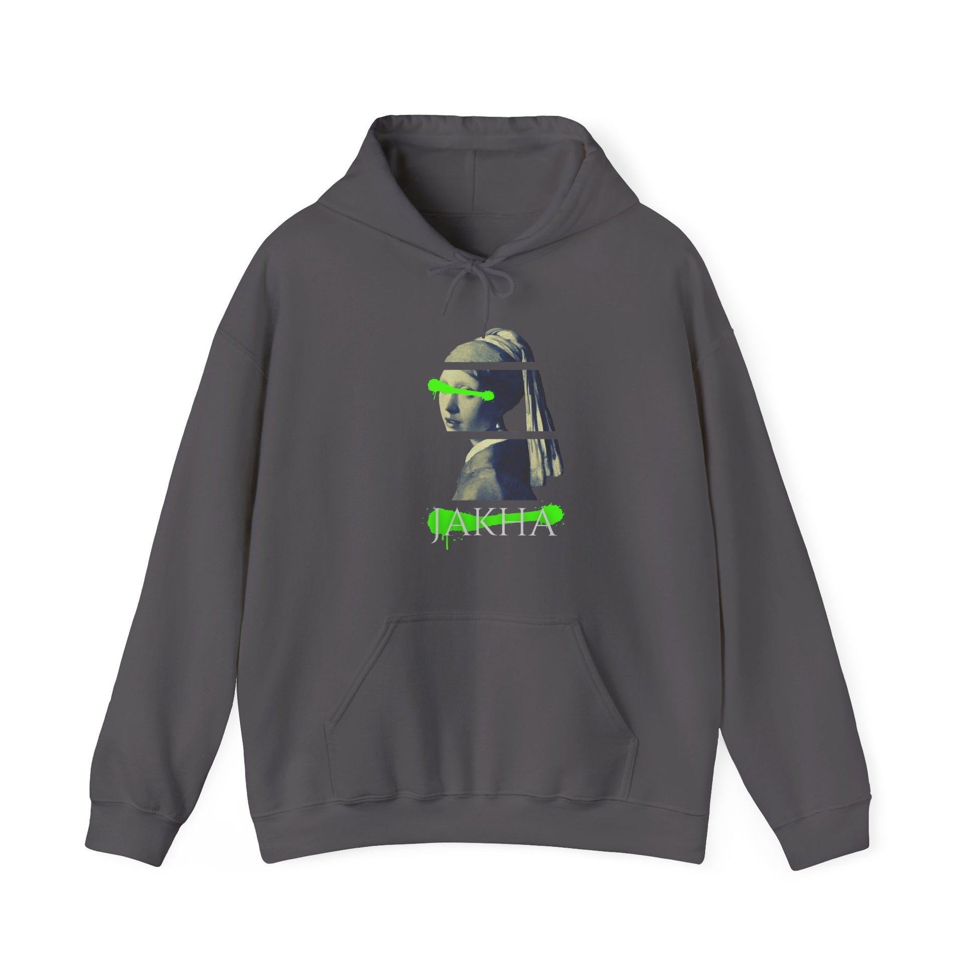 Gray hoodie with a graphic design on a white background