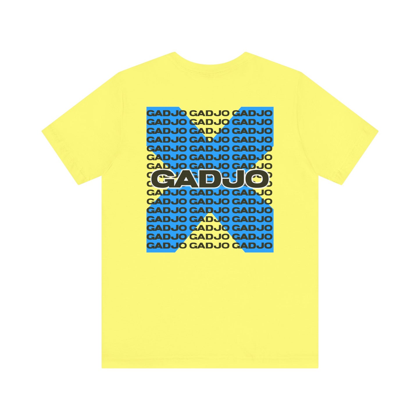 Box-cut t-shirt with layered GADJO text repeated in soft shades like a shadow effect.